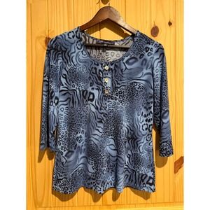 Susan Graver Style Blue Animal‎ Print Henley Top 3/4 Sleeve Liquid Knit XS
